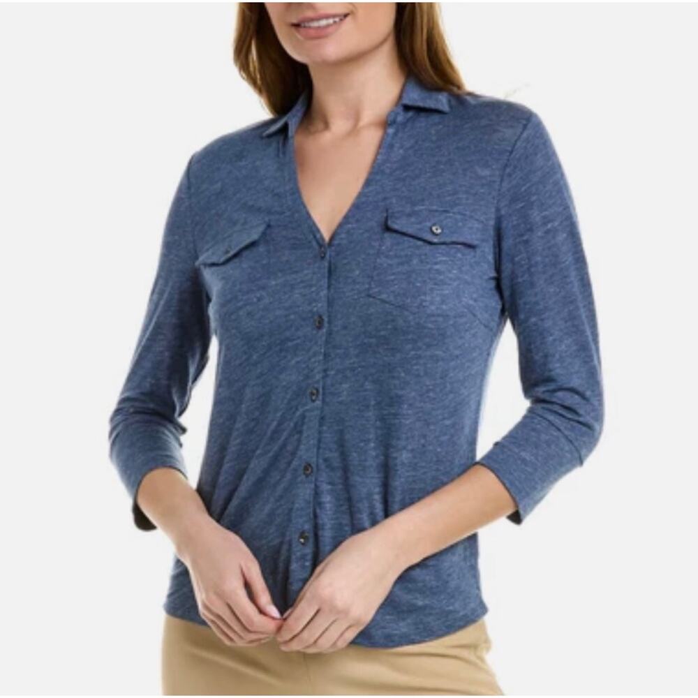 J. McLaughlin Brynn Linen Blend Top Blue Stretch Button Down Size Medium